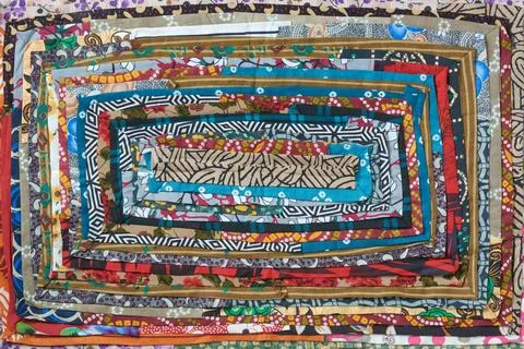 Colorful handmade patchwork fabrics pattern in full frame Foto stock