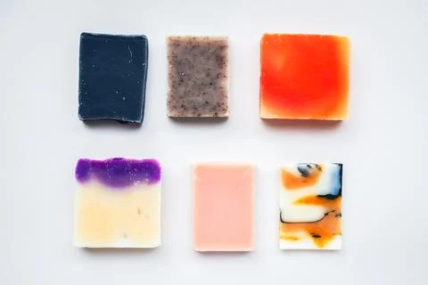 Colorful handmade solid soap bars, zero waste. Defocused Foto stock
