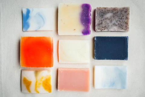 Colorful handmade solid soap bars, zero waste. Defocused Stock Photos
