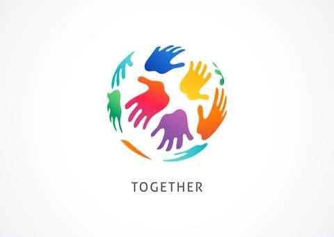 Colorful hands, arrange in circle, create new world concept design, logo Stock Illustration