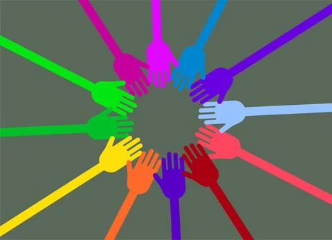 Colorful Hands Forming a Circle Representing Unity, Teamwork, Diversity, Co.. Stock Illustration