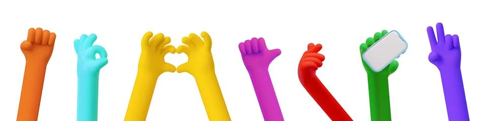 Colorful hands gestures 3D vector icons set, cartoon hand with smartphone, heart Stock Illustration