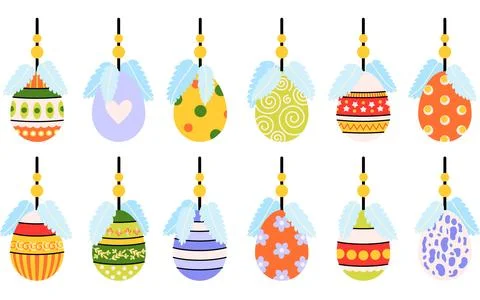 Colorful hanging Easter eggs set with decorative feathers. Illustration