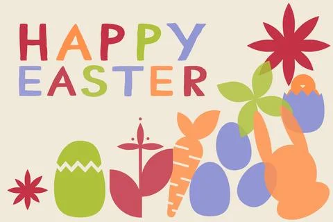 Colorful happy easter decorations with eggs and flowers on a light background Stock Photos