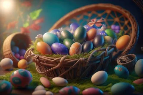Colorful Happy Easter eggs in basket on table. Illustrazione stock