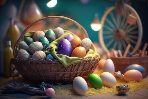 Colorful Happy Easter eggs in basket on table. Stock Illustration