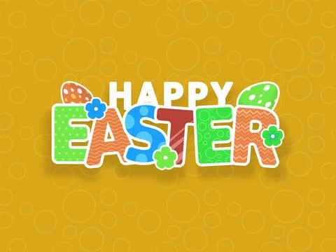 Colorful Happy Easter Font Decorated with Eggs, Flowers on Yellow Polka Dot.. Stock Illustration