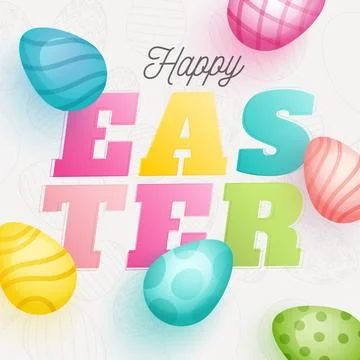 Colorful Happy Easter Font with Painted Eggs Decorate on White Background. Stock Illustration