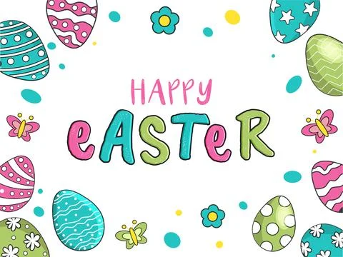 Colorful Happy Easter Text with Printed Eggs, Flowers and Butterflies Carto.. Stock Illustration