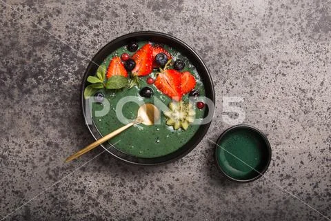Colorful, healthy food. Acai smoothie bowl. Keto breakfast idea. Fruit curd s Stock-Fotos