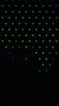 Colorful hearts arranged in a hexagonal pattern on a dark background Stockillustratie