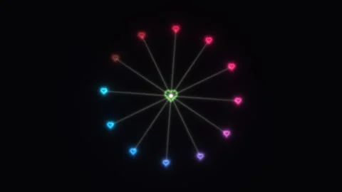Colorful hearts glowing in a circular pattern on a dark Stock Footage 338288598
