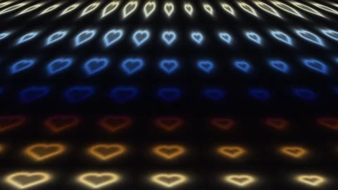 Colorful hearts pattern on dark background with glowing Stock Footage 338125260