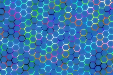 Colorful hexagon pattern background with neon glow effect 스톡 일러스트