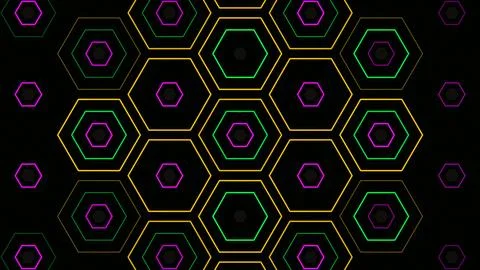 Colorful hexagon pattern with black background and neon lines Stock Illustration