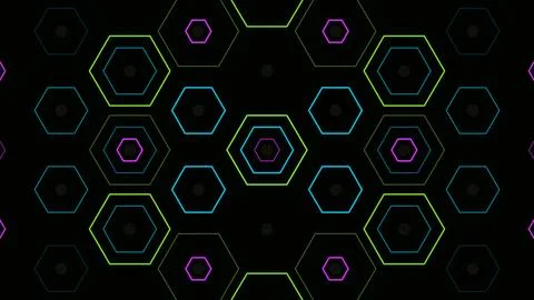 Colorful hexagon pattern on a black background with neon lines Stockillustratie
