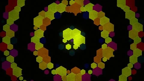 Colorful hexagon pattern in dark background creates visual swirl Illustrazione stock