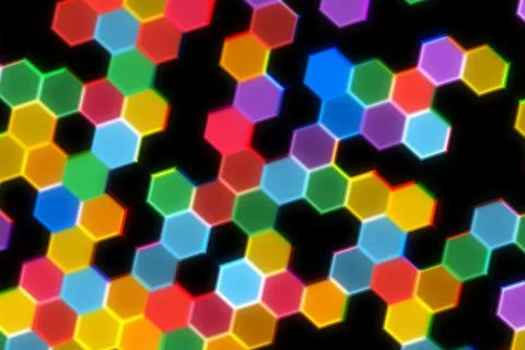 Colorful hexagon pattern with glowing black background Stock Photos