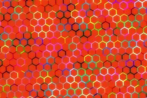 Colorful hexagon pattern on red background with rainbow hues Illustrazione stock