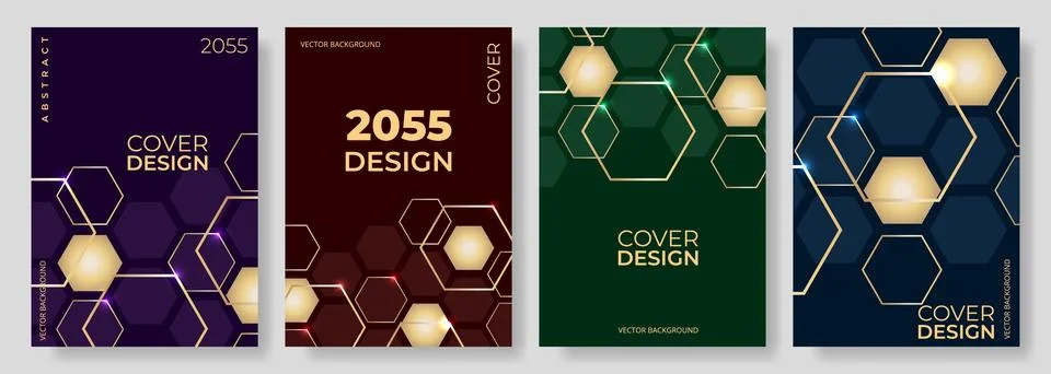 Colorful hexagonal abstract poster background vector set. Gold 3D hexagon style Stock Illustration