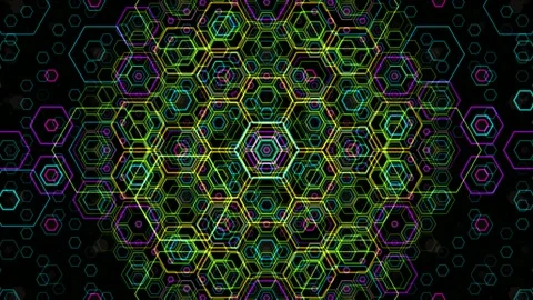 Colorful hexagonal pattern in neon colors on a dark background Stock Footage 331677888