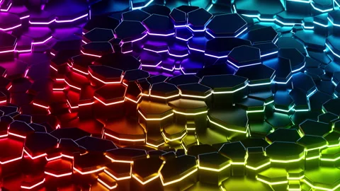 Colorful hexagonal pattern with neon glow moving waves. Looped animation Stock Footage 297870461