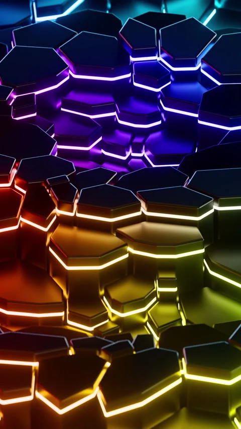 Colorful hexagonal pattern with neon glow moving waves. Vertical looped Stock-Footage 309188155