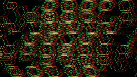 Colorful hexagonal patterns with lines and shapes in dark background Illustrazione stock