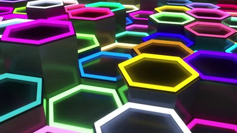 Colorful hexagonal polygons with lightning illuminated cups moves up and down Video stock 145747056