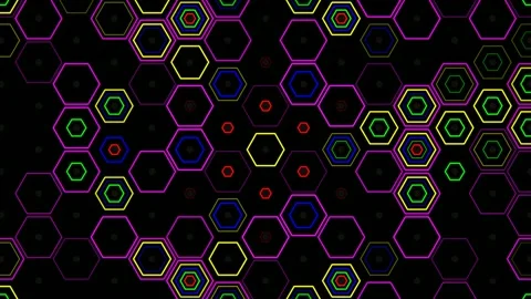 Colorful hexagons form a pattern with bright outlines on black Stock Footage 332910773