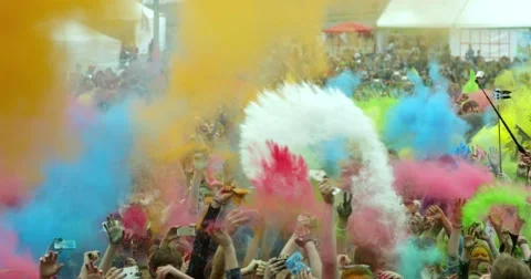 Colorful Holi. Beautiful Youth. Holi Festival Of Colorful Kicks. Slow Motion. Stock Footage