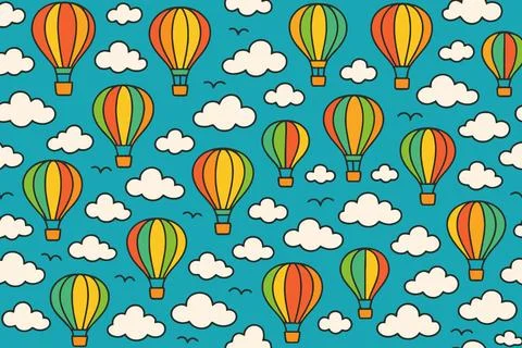 Colorful hot air balloons float serenely across a bright blue sky with clouds Stock Illustration