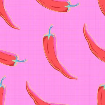 Colorful hot seamless pattern with red chili peppers on a vibrant pink checke Stock-Illustration