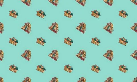 Colorful houses pattern on blue background イラスト素材