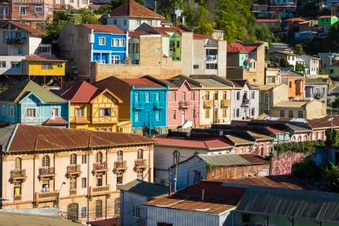 Colorful houses seen from Camino Cintura, Valparaiso, Chile Stock Photos