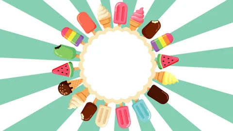 Colorful Ice Cream Frame with Copy Space on Summer Sunburst Background Stock-Footage 339515162
