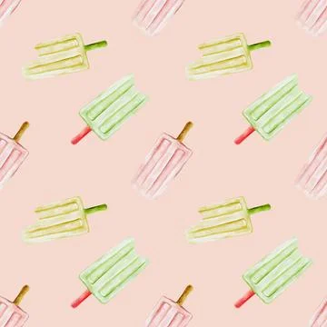 Colorful ice cream popsicles pattern on a soft pink background for textile .. Stock Illustration
