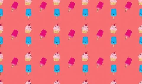 Colorful ice cream popsicles pattern on pink background Stock Illustration