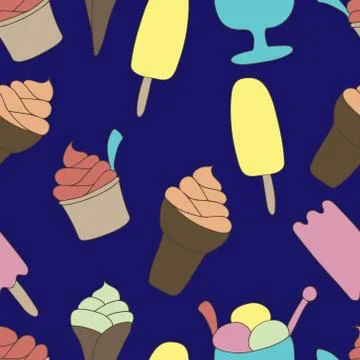 Colorful ice-cream seamless pattern. Dark blue background. Summer food vector Stock Illustration