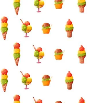 Colorful Ice Cream Seamless Pattern Vector Cartoon Illustration on White Ba.. 스톡 일러스트