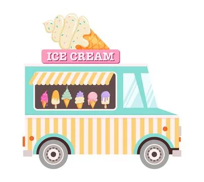 Colorful ice cream van with assorted flavors visible through serving window Illustrazione stock