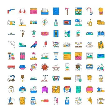 Colorful icon set representing various everyday objects and concepts Stock Illustration