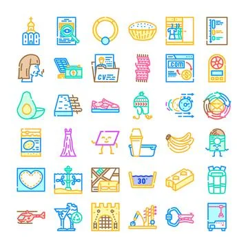 Colorful icon set representing various everyday objects and concepts Stock Illustration