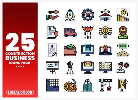 A colorful icon set showcasing construction business concepts on a white ba.. Stock Illustration