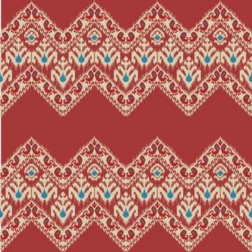 A colorful ikat border pattern with flowers and geometric shapes Stock Illustration