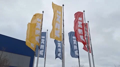 Colorful Ikea flags waving in the wind Stock Footage 326168436