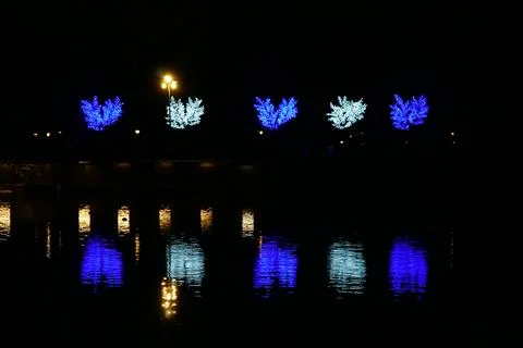 Colorful illuminated light trees reflected in the water at night in Retiro Park Stock Photos