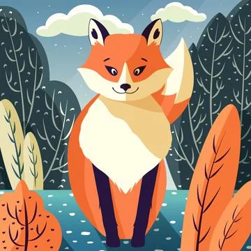 Colorful illustration portrait of cute red fox in forest, sunny day. Stock Illustration
