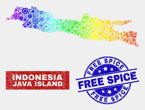 Colorful Industrial Java Island Map and Distress Free Spice Stamp Seals Stock Illustration