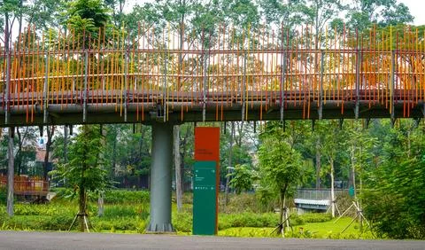 Colorful Infinity Pedestrian Bridge Elevated in Green Park Landscape Stock Photos